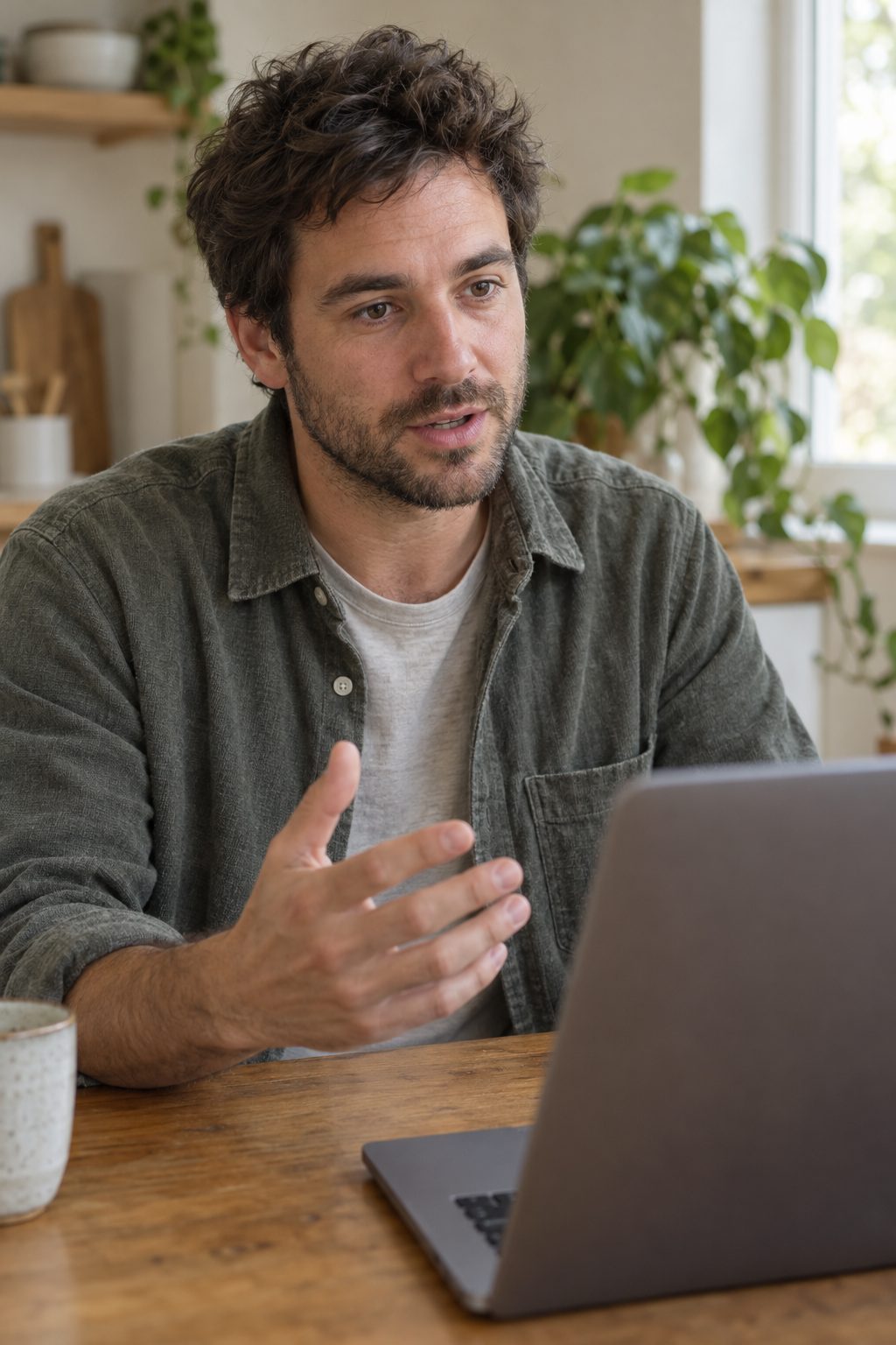 A man practices a short speech to his laptop camera at his kitchen table