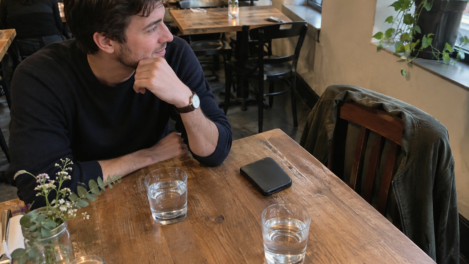 A restaurant table with two water glasses and a phone between seats before a first date begins