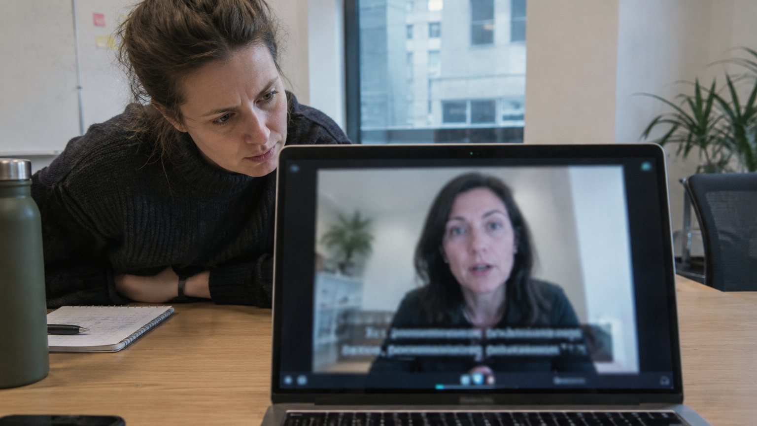A professional on a video call watches blurred live captions appear while another person speaks in a conference room