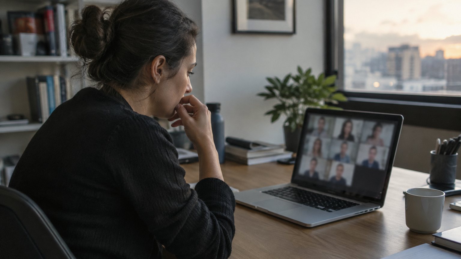 A tense professional sits alone after a video meeting with a blurred call grid on a laptop