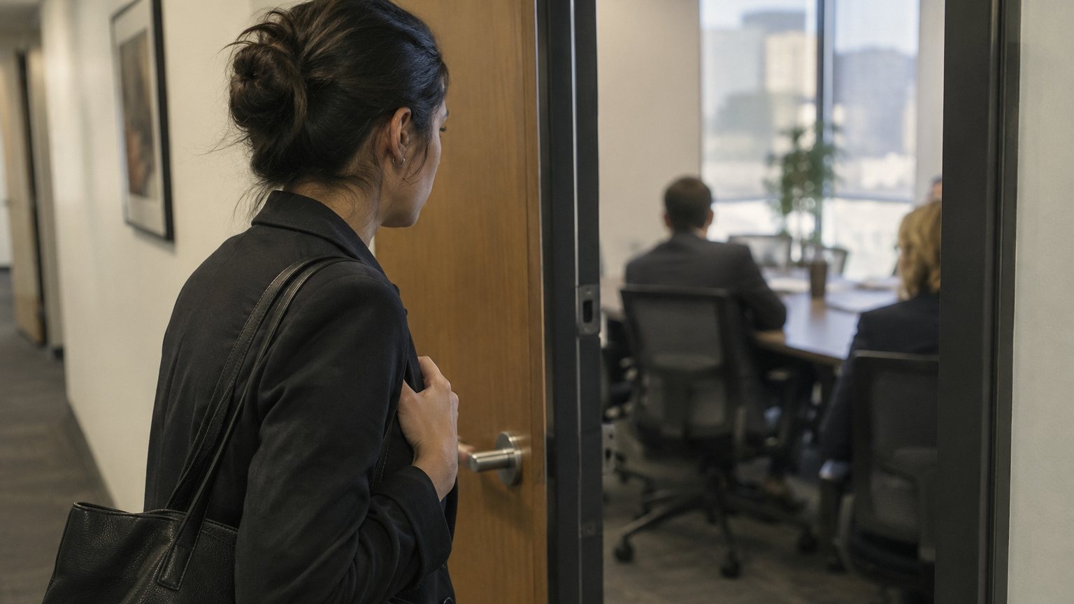 A professional pauses outside a conference room door before a performance review meeting