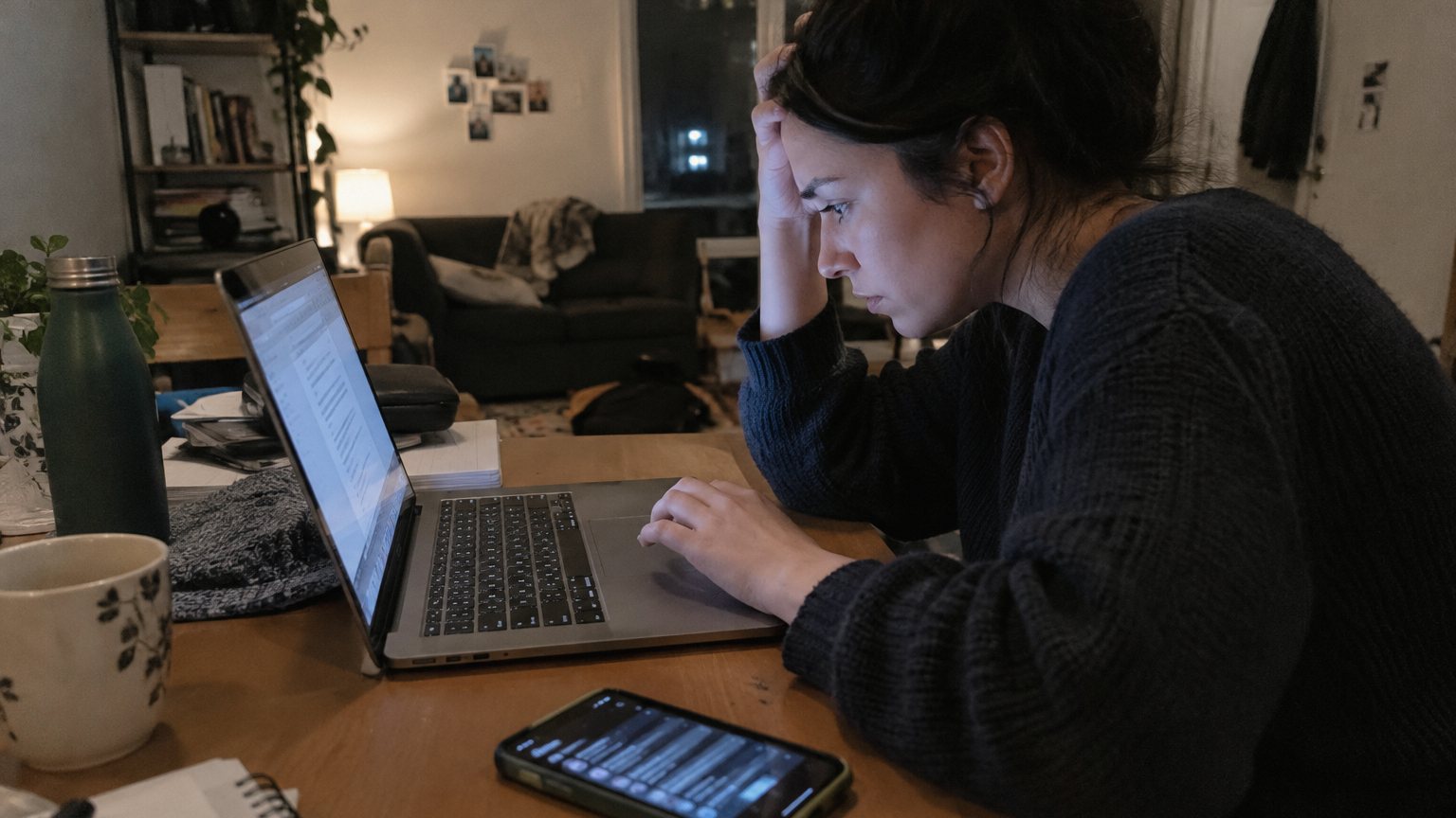 A job seeker edits an application at a small table while a phone with unreadable notifications sits nearby