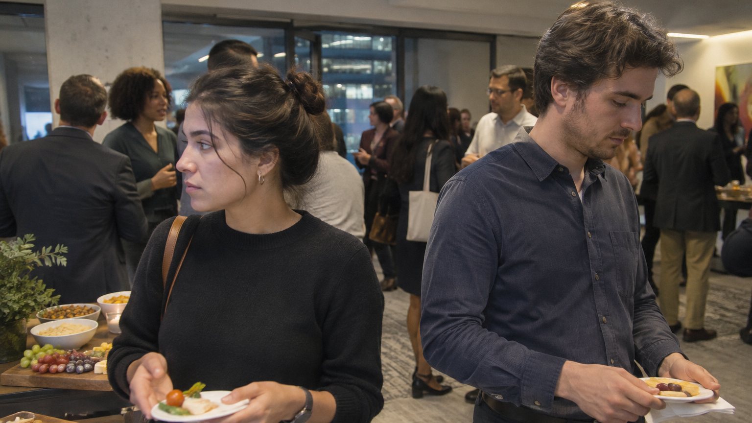 Two coworkers stand near a snack table at an evening office event while the conversation stalls and both look away