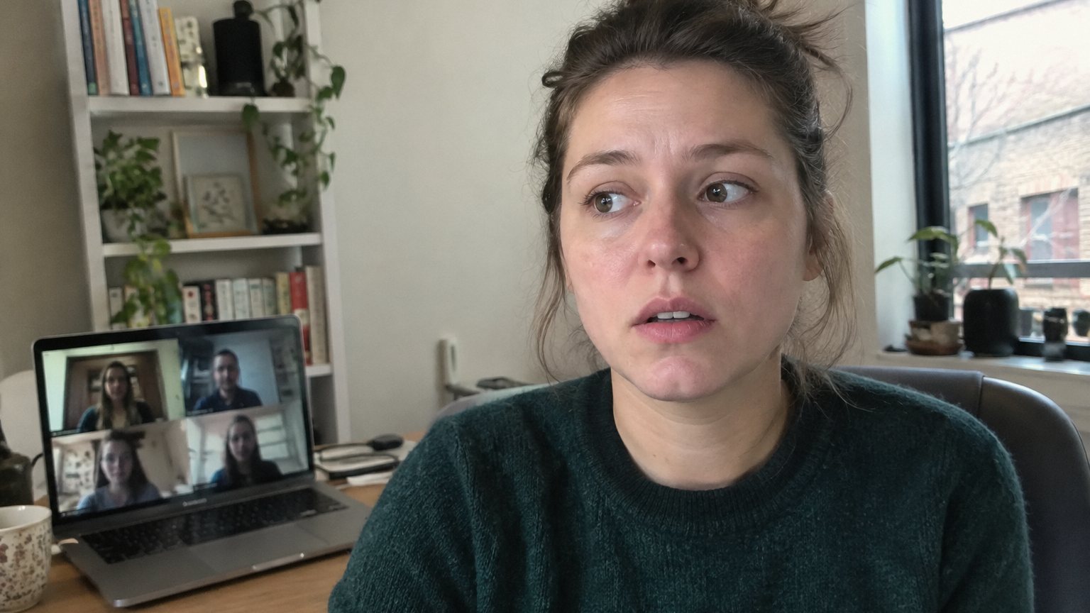 A young professional pauses during a video meeting at a home desk while coworkers wait on a laptop screen
