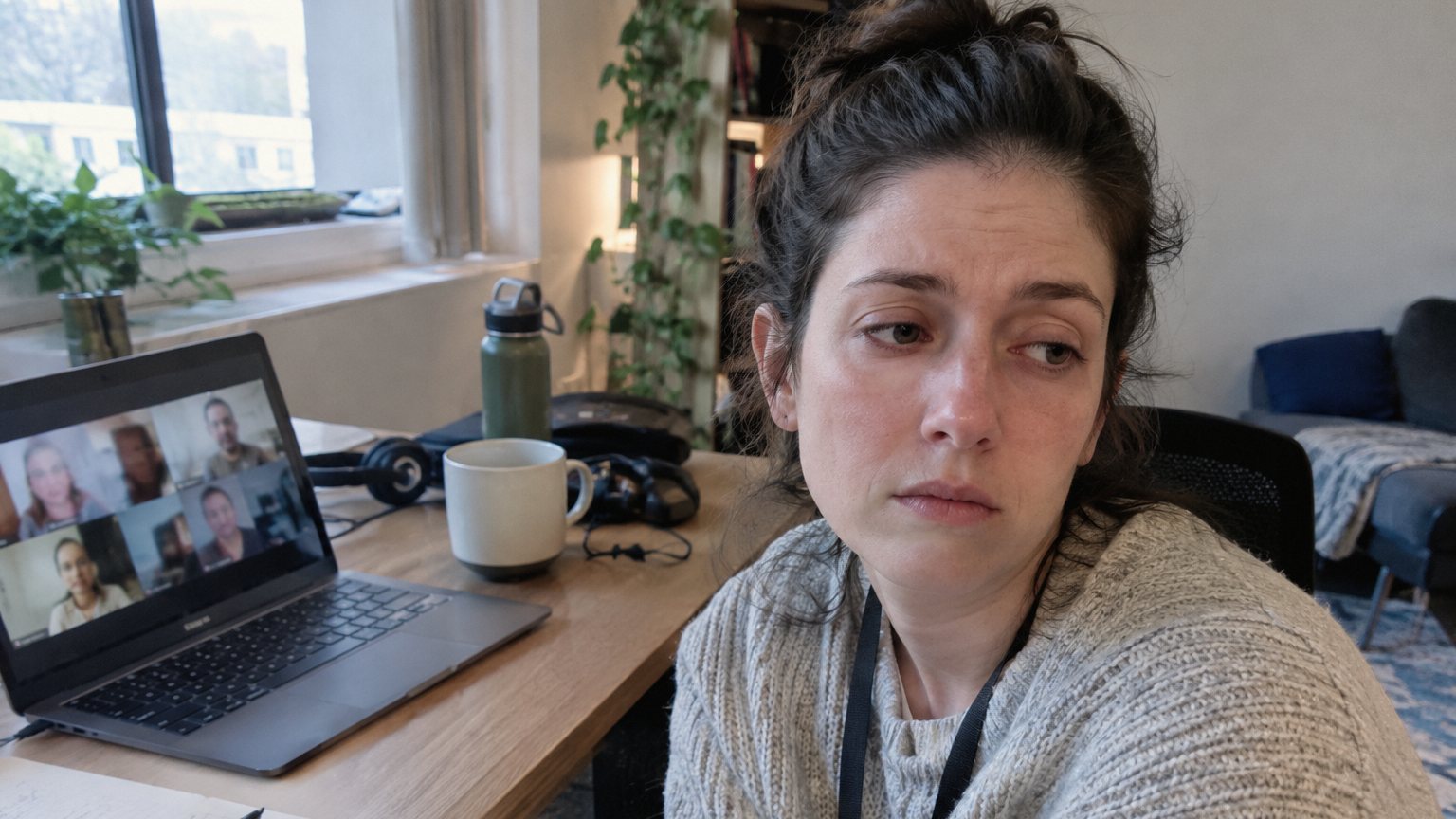 A remote employee looks tired during a video meeting with a blurred grid of coworkers on the laptop