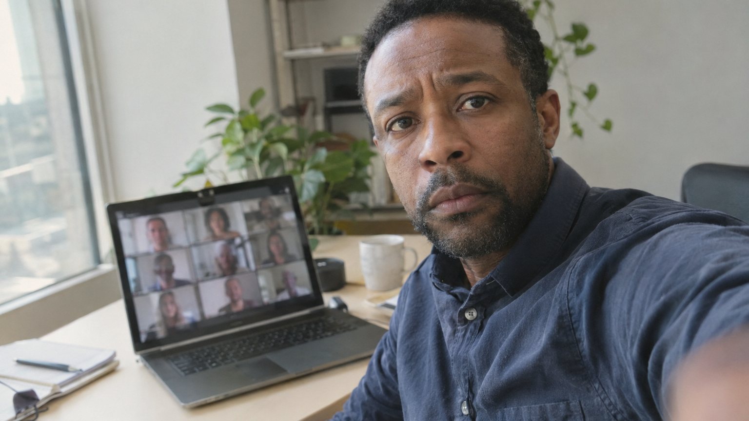 A remote worker hesitates before turning on his camera for a video meeting while faces wait on his laptop screen