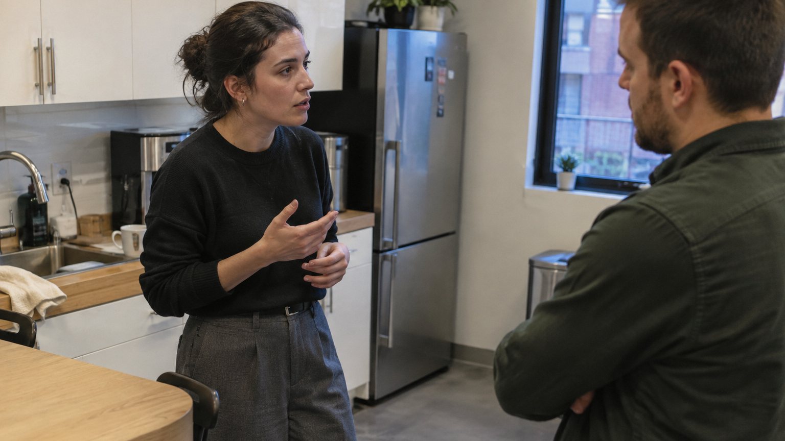 A professional pauses in an office kitchen as a coworker waits during a private work conversation