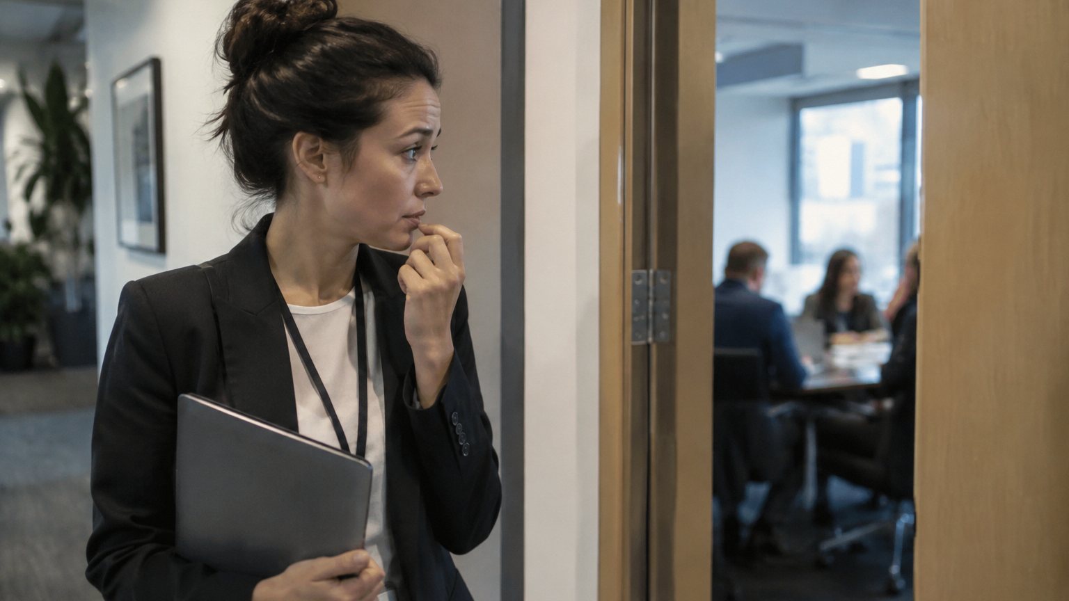A professional pauses in a quiet office corridor before joining a tense call, with a meeting room blurred behind him