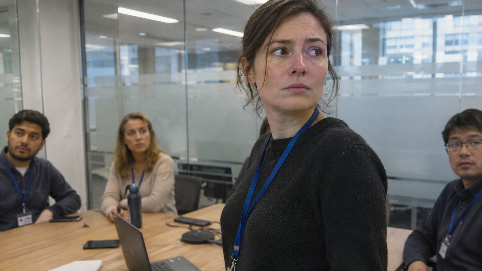 A professional pauses at the front of a conference room while coworkers watch from around a table