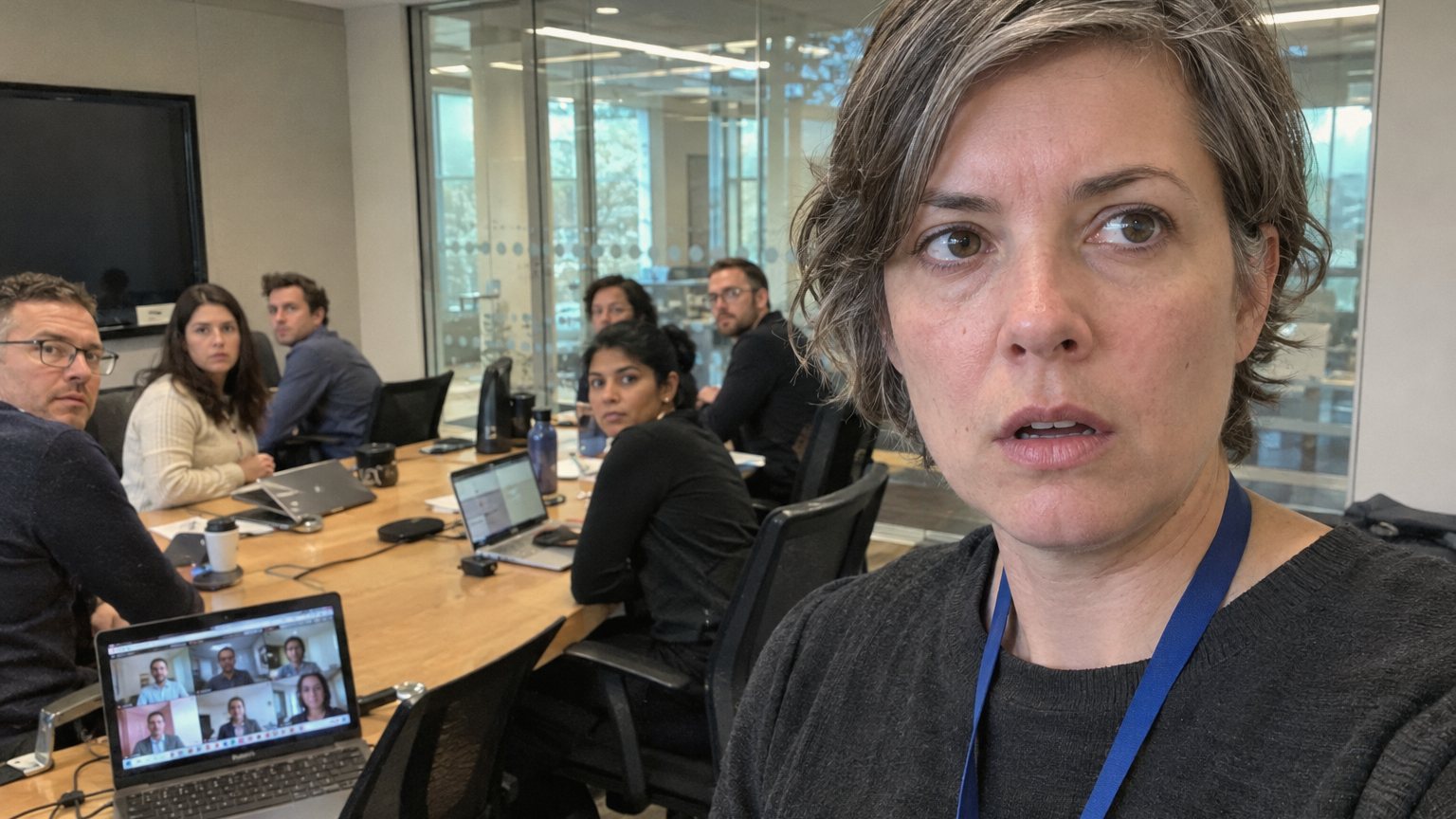 A woman freezes at the front of a glass-walled conference room while coworkers turn toward her and wait