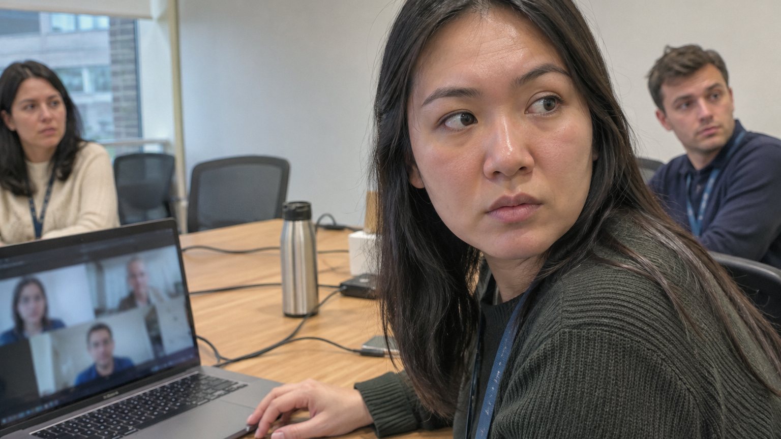 An employee on a video call pauses with a tense expression while blurred coworkers wait on the screen