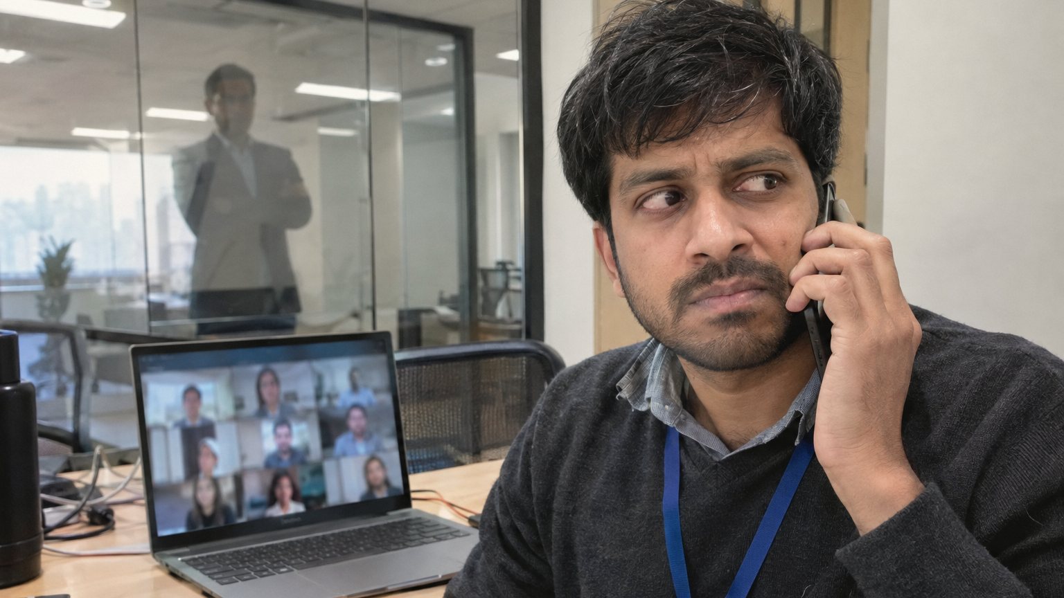 A tense employee holds a phone during a work call while a blurred manager watches from behind glass