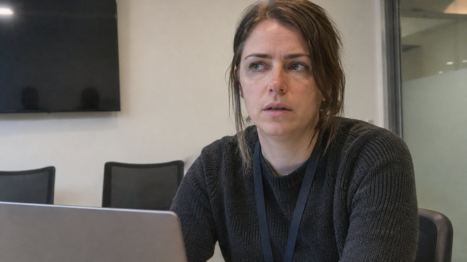A professional sits alone in a small meeting room with a laptop open, looking unsure before joining a video call
