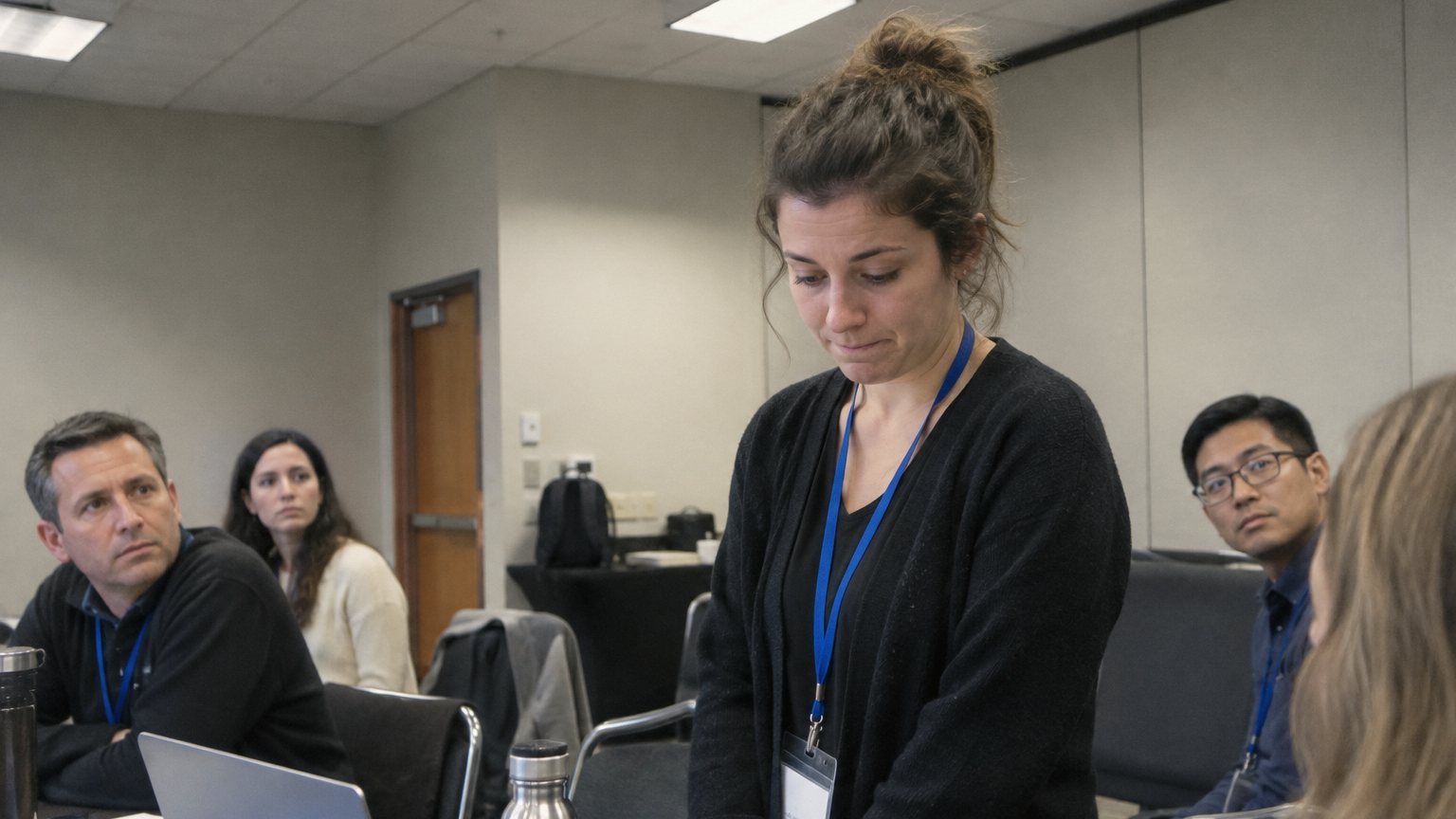 A presenter pauses beside a conference table while colleagues watch and a laptop with slides sits open