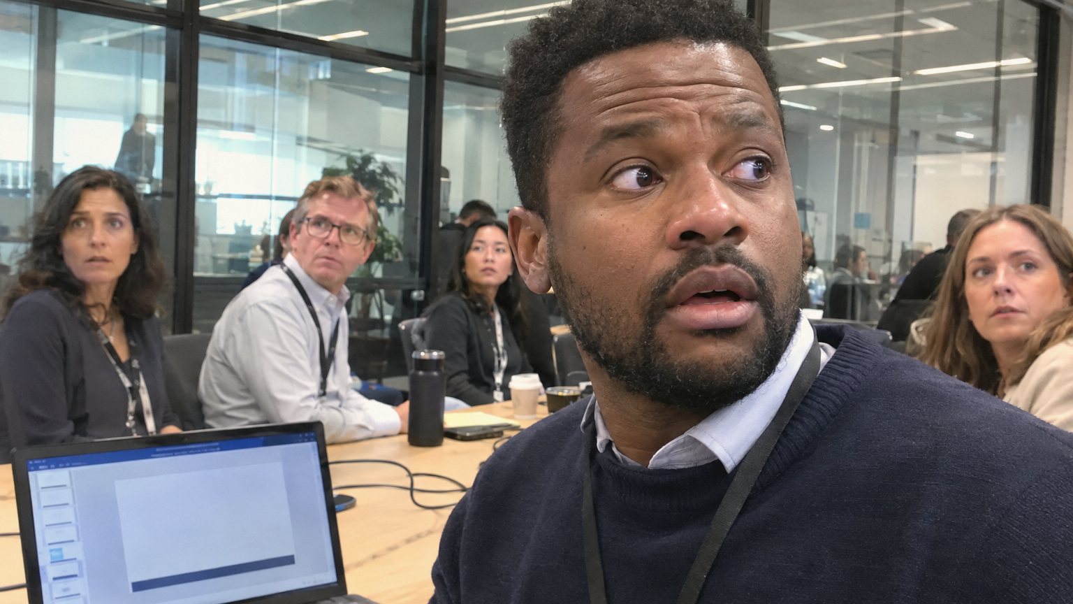A Black man pauses mid-presentation in a glass-walled conference room while colleagues wait and a laptop with slides sits in front of him
