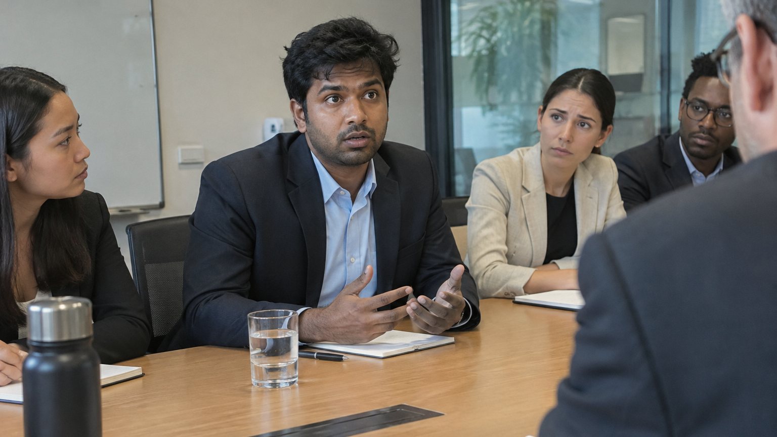 A final-round applicant pauses at a conference table while other candidates sit nearby during a group interview