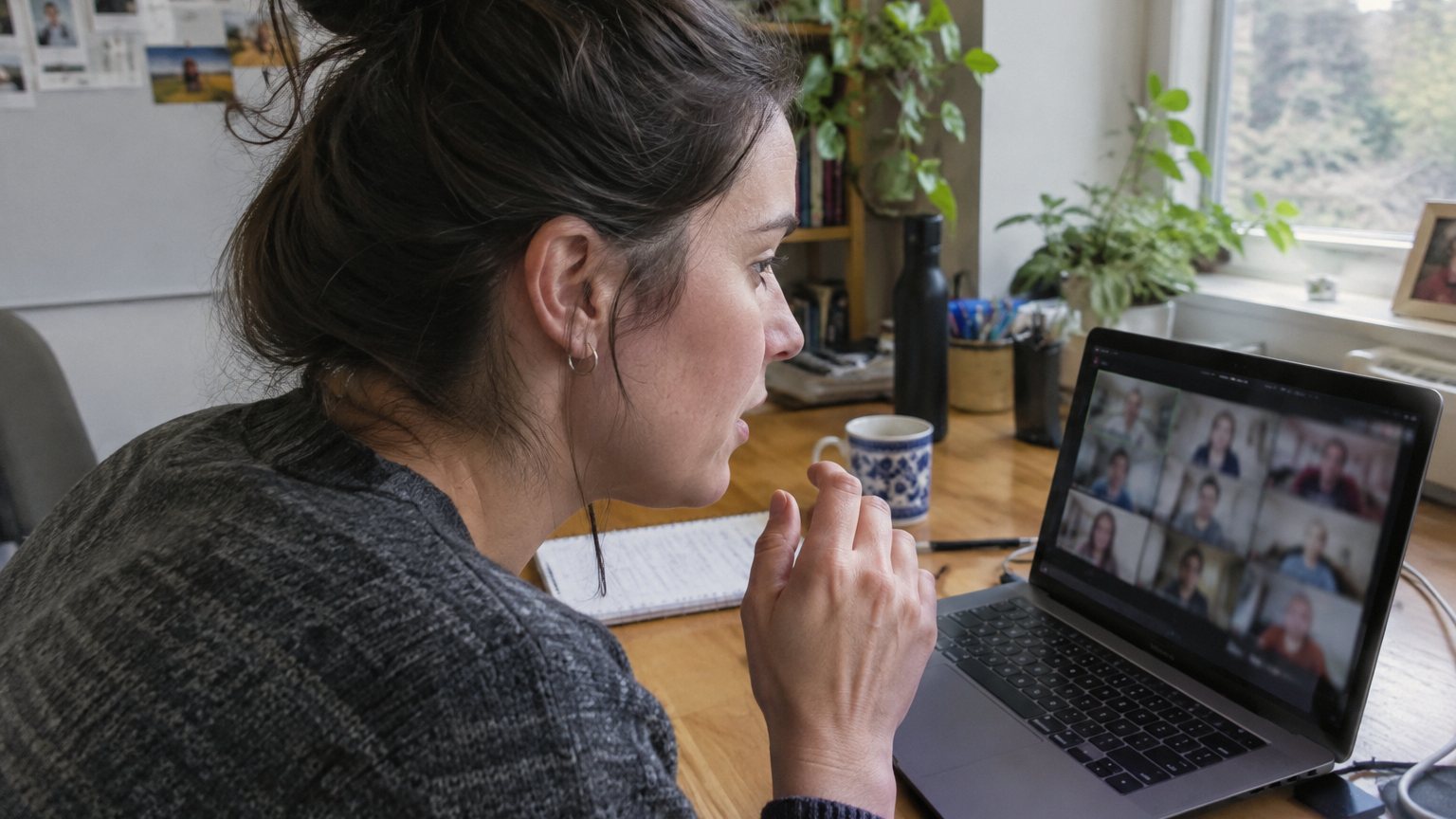 A man at a home desk starts a video call while several blurred faces wait on his laptop screen