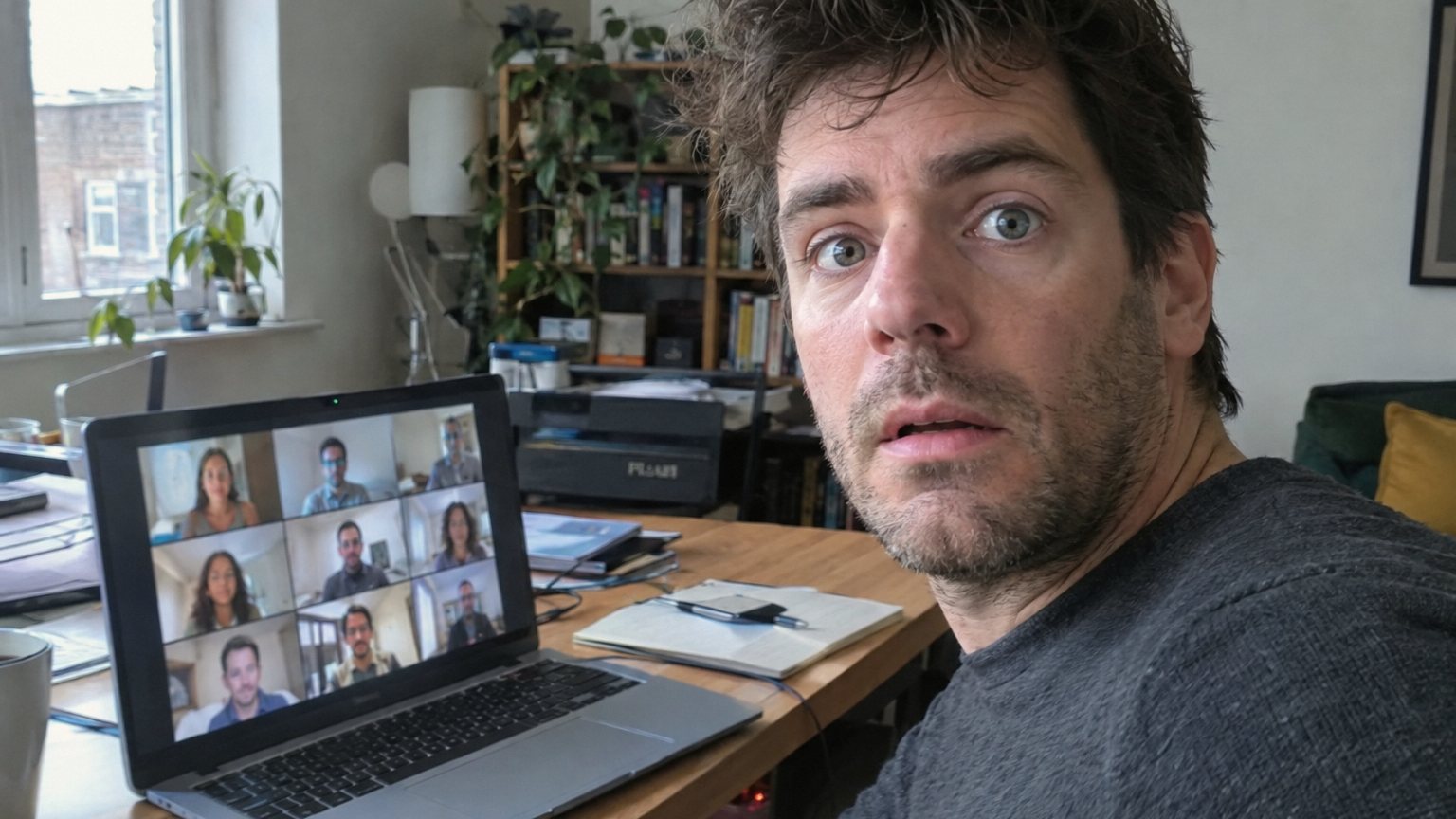 A man at a home desk starts a video call while several blurred faces wait on his laptop screen