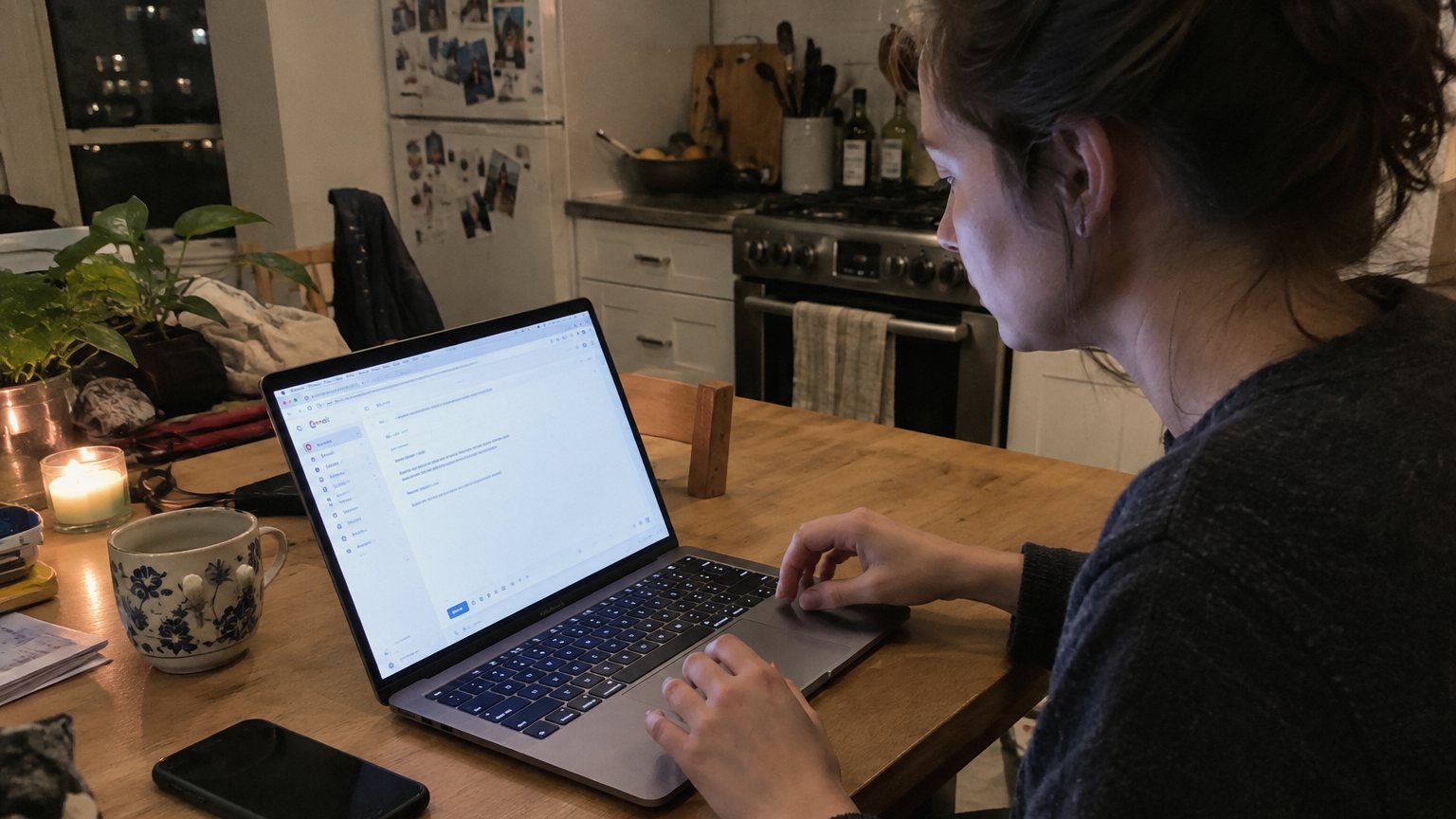 A laptop with an interview follow-up draft open on a kitchen table at night while a young professional hesitates nearby