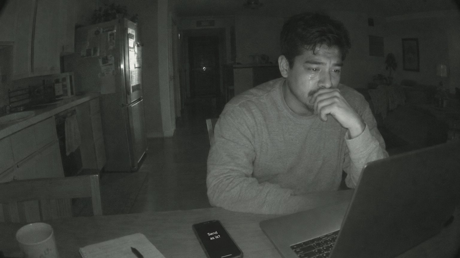A Latino man in his mid 20s sits at a kitchen table at night, lit by a laptop while rereading an unsent interview follow-up note