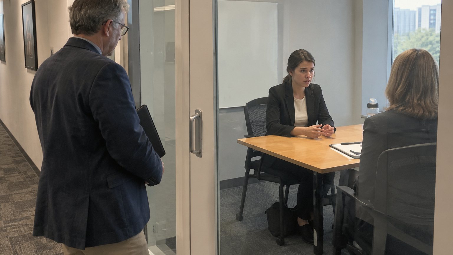 A young job candidate answers an interviewer while an older adult waits outside the glass interview room