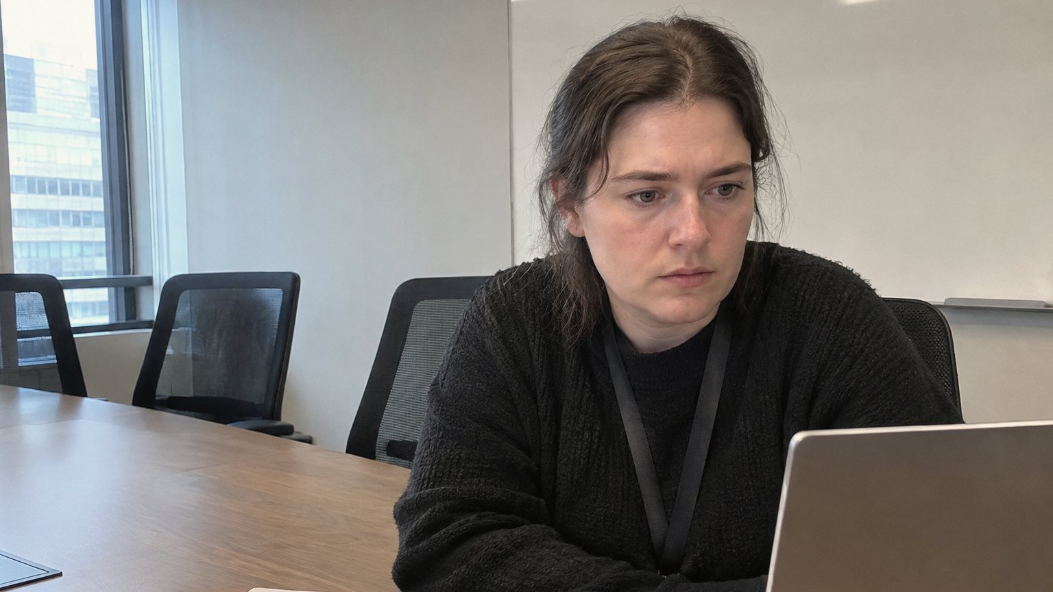 A professional sits alone at a conference room table after a review, staring at a laptop while a notebook and pen sit nearby