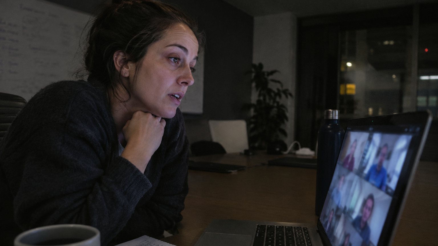 A remote worker pauses before answering during a video meeting while blurred coworkers appear on the screen