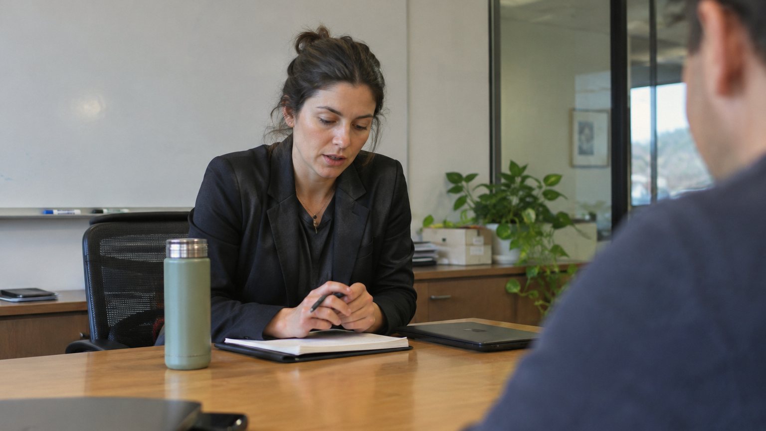 A professional sits in a conference room before a tense meeting while a blurred colleague waits across the table