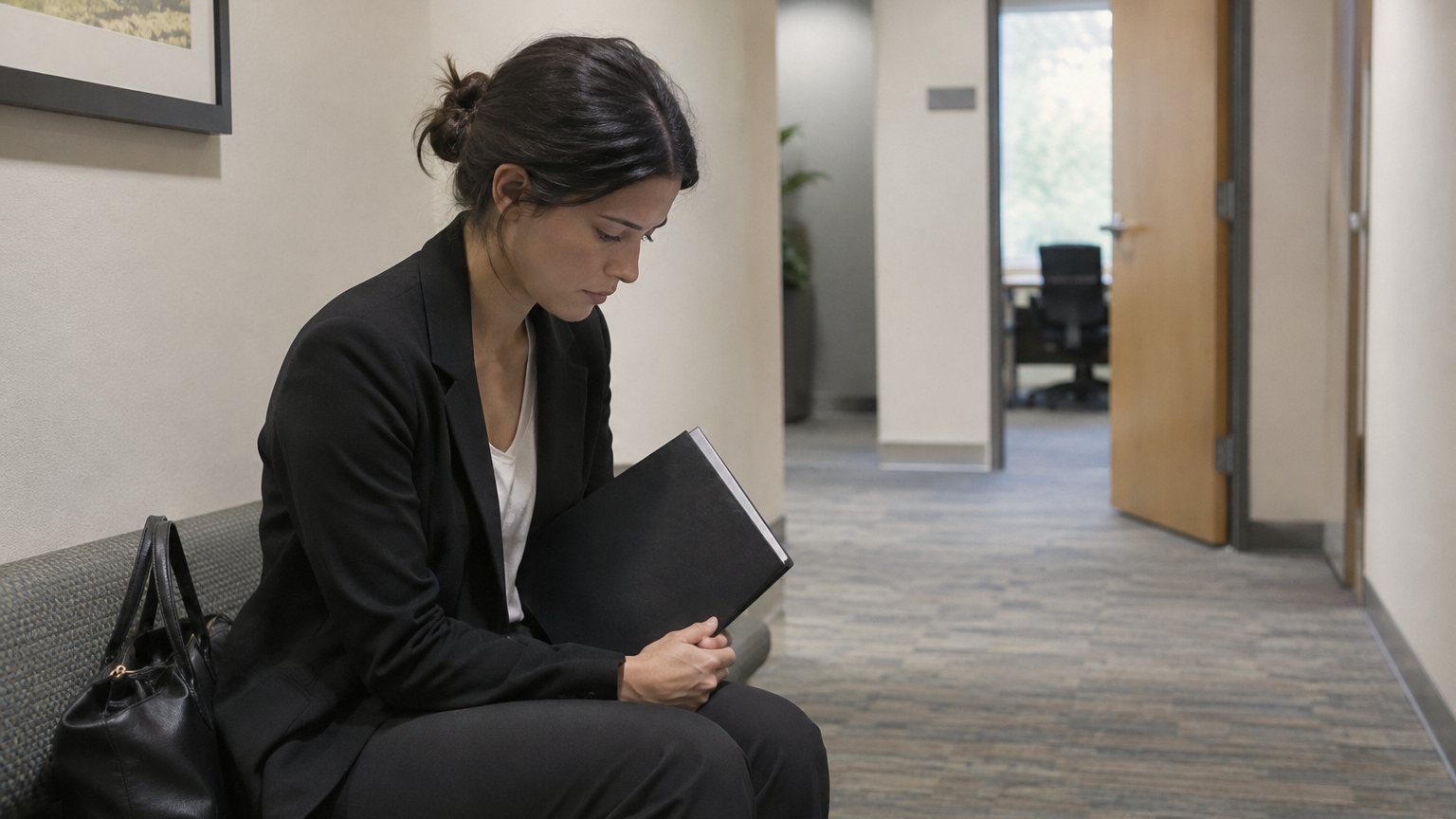 A young professional sits alone in a hallway after an interview, holding a folder while looking down