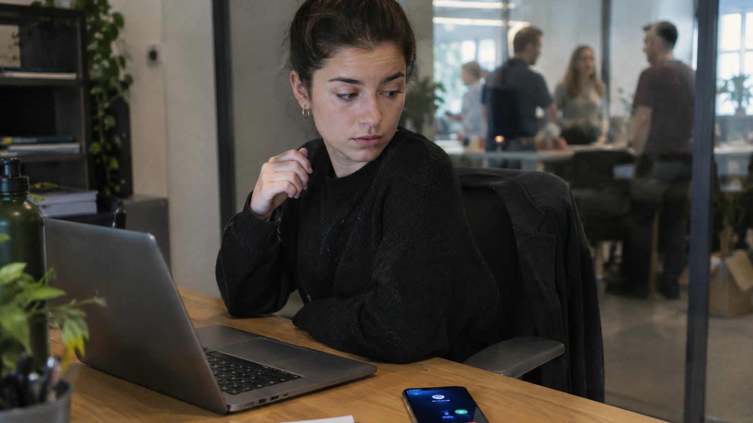 A young professional hesitates beside a ringing phone at work while coworkers are blurred in the background