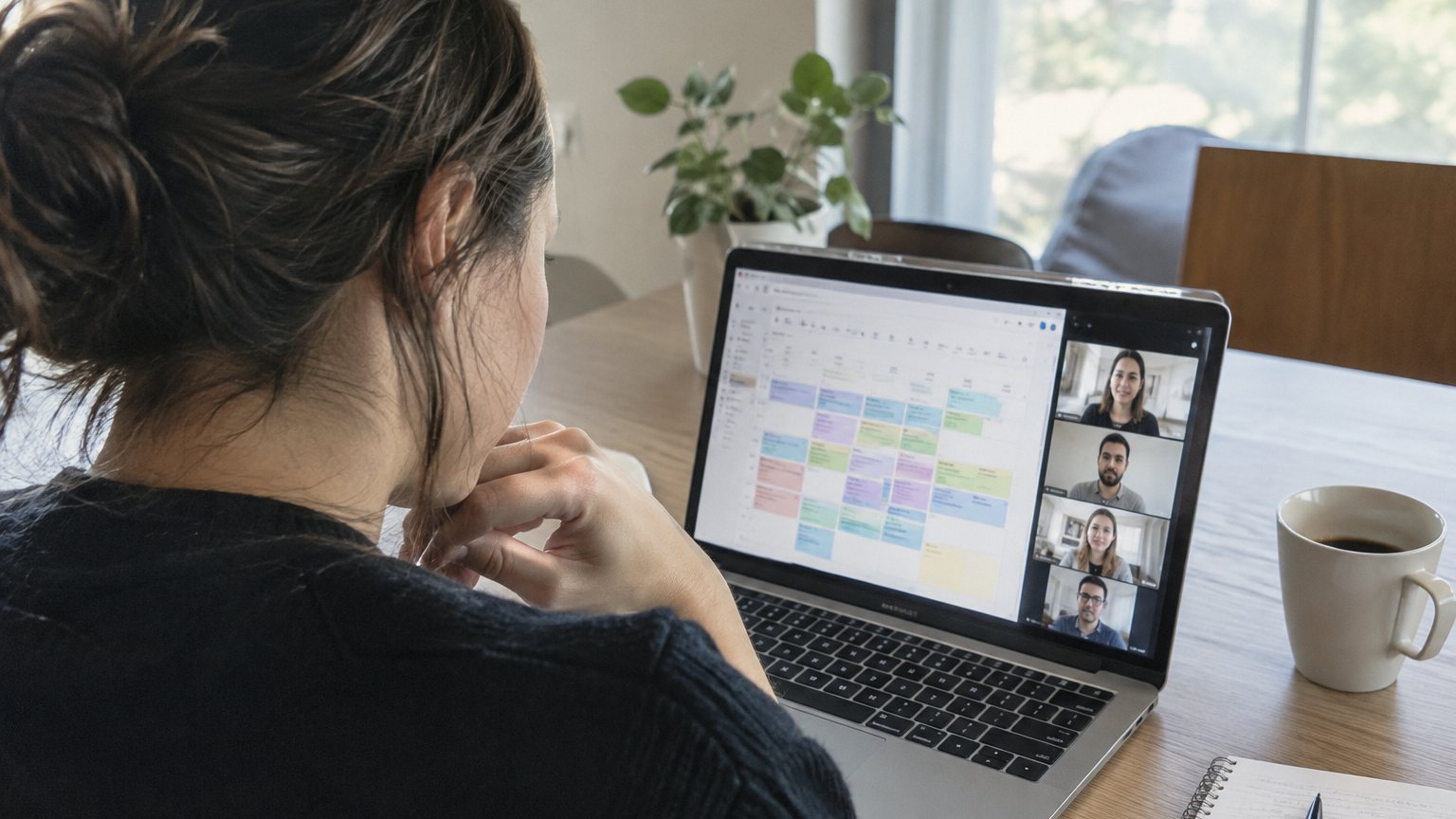 A professional sits at a laptop with a crowded weekly calendar and a video meeting grid visible on screen