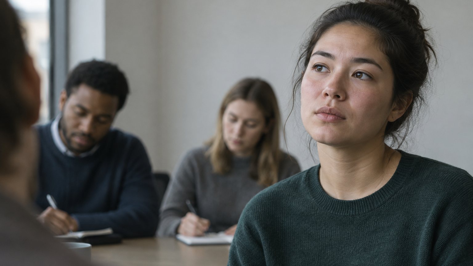 A young professional pauses during a small-group presentation while several listeners watch from across the table
