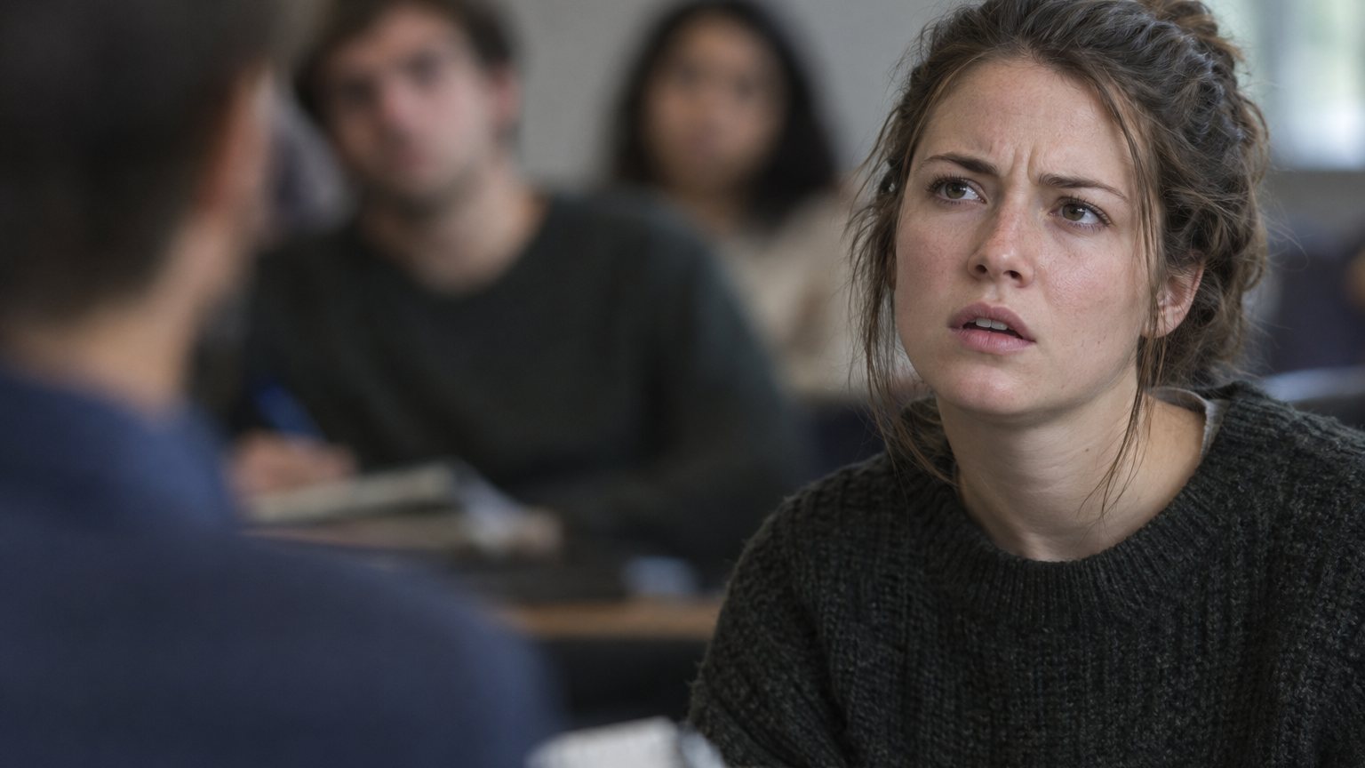 A young woman freezes mid-answer in a university seminar room while a professor and classmates watch with notebooks open
