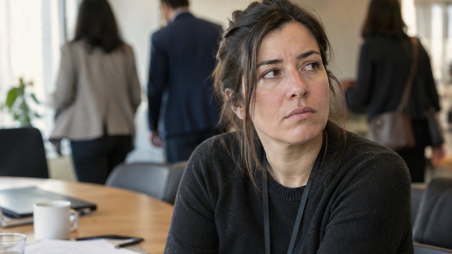 A professional sits at a conference table after a meeting, looking at a laptop while blurred coworkers leave the room