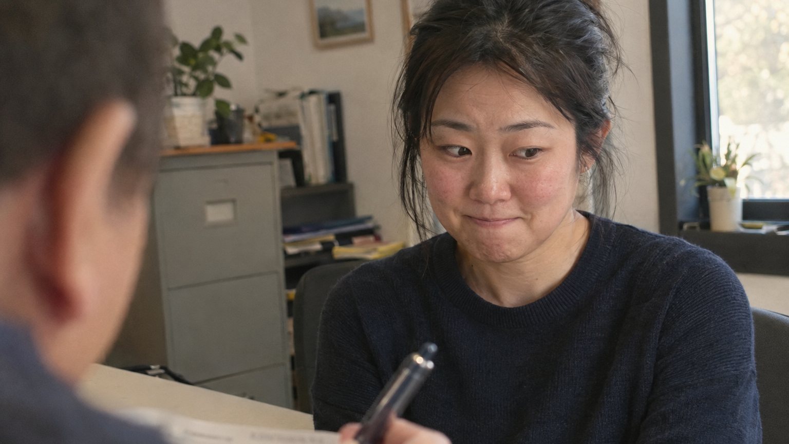 An East Asian woman pauses during a performance review while a manager watches with a pen over a form