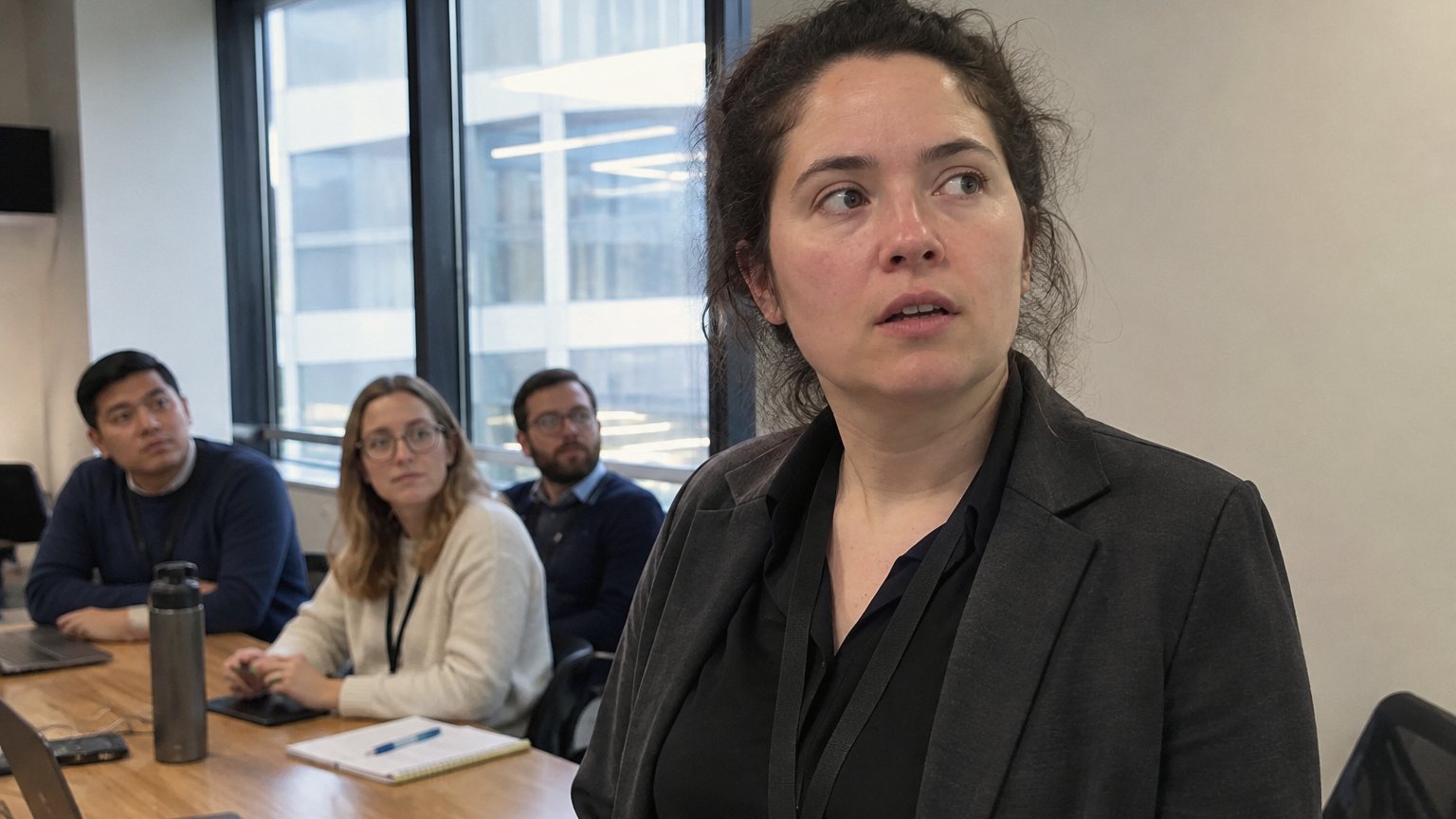 A professional pauses during a conference room presentation while coworkers watch from around the table