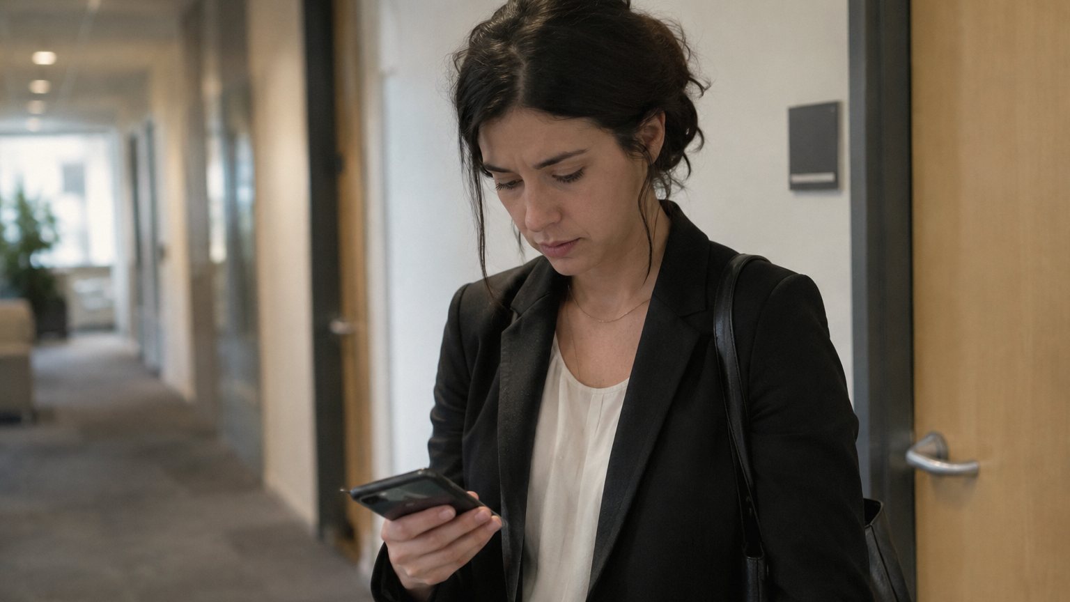 A professional pauses with a ringing phone in a quiet office hallway before answering a work call