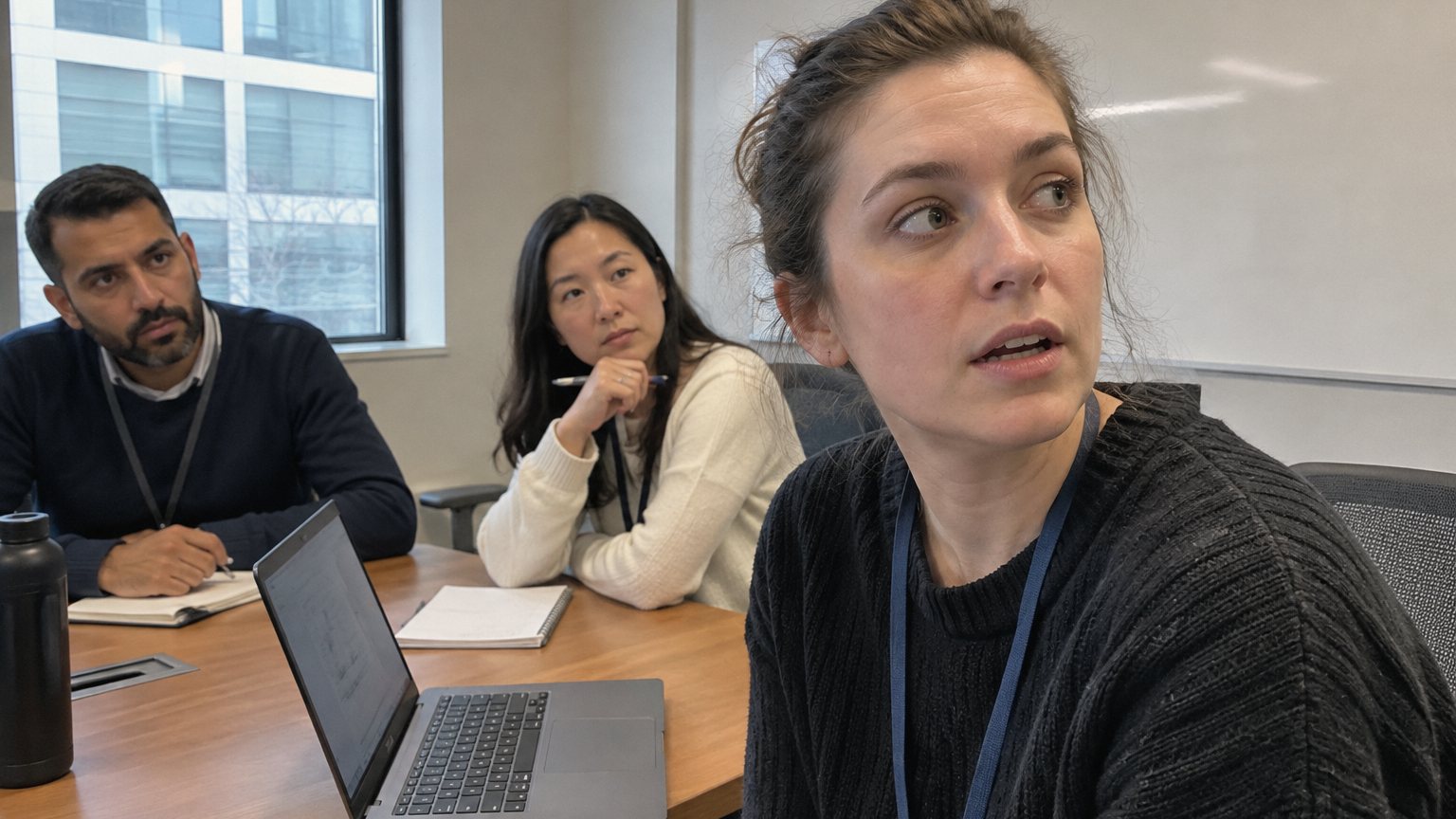 A professional pauses during a small conference-room pitch while two colleagues wait across the table
