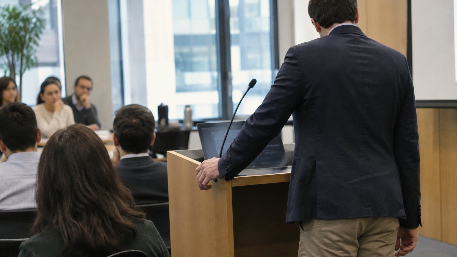A presenter pauses at the front of a small conference room with one hand gripping the lectern while coworkers wait