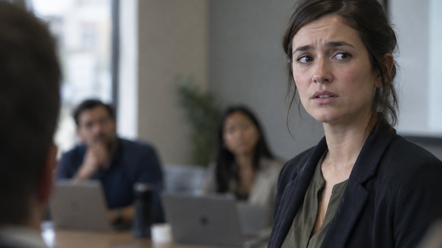 A nervous professional pauses during a conference room presentation while coworkers watch from the table