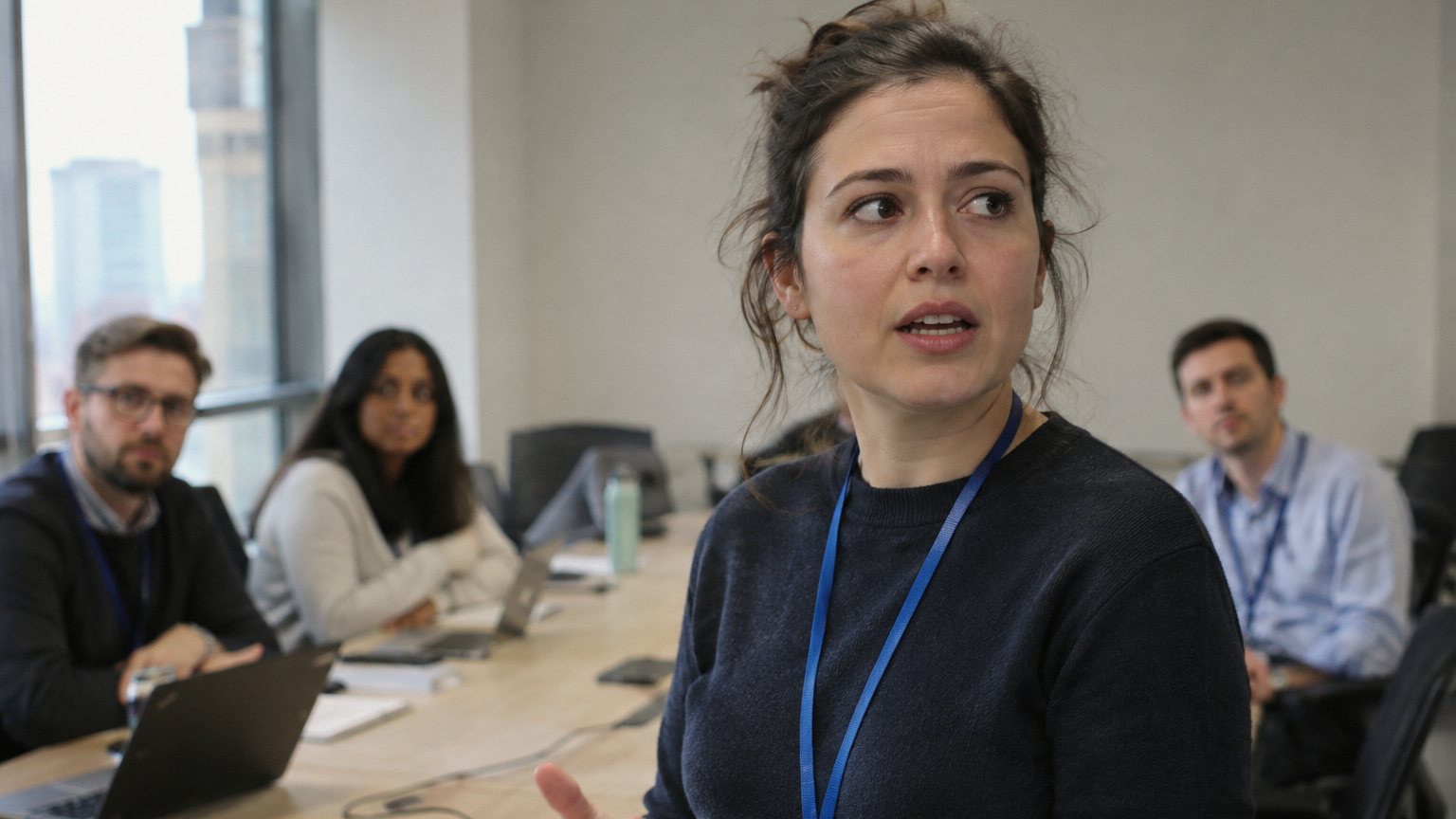 A woman pauses during a work presentation while blurred coworkers look toward her from a conference table