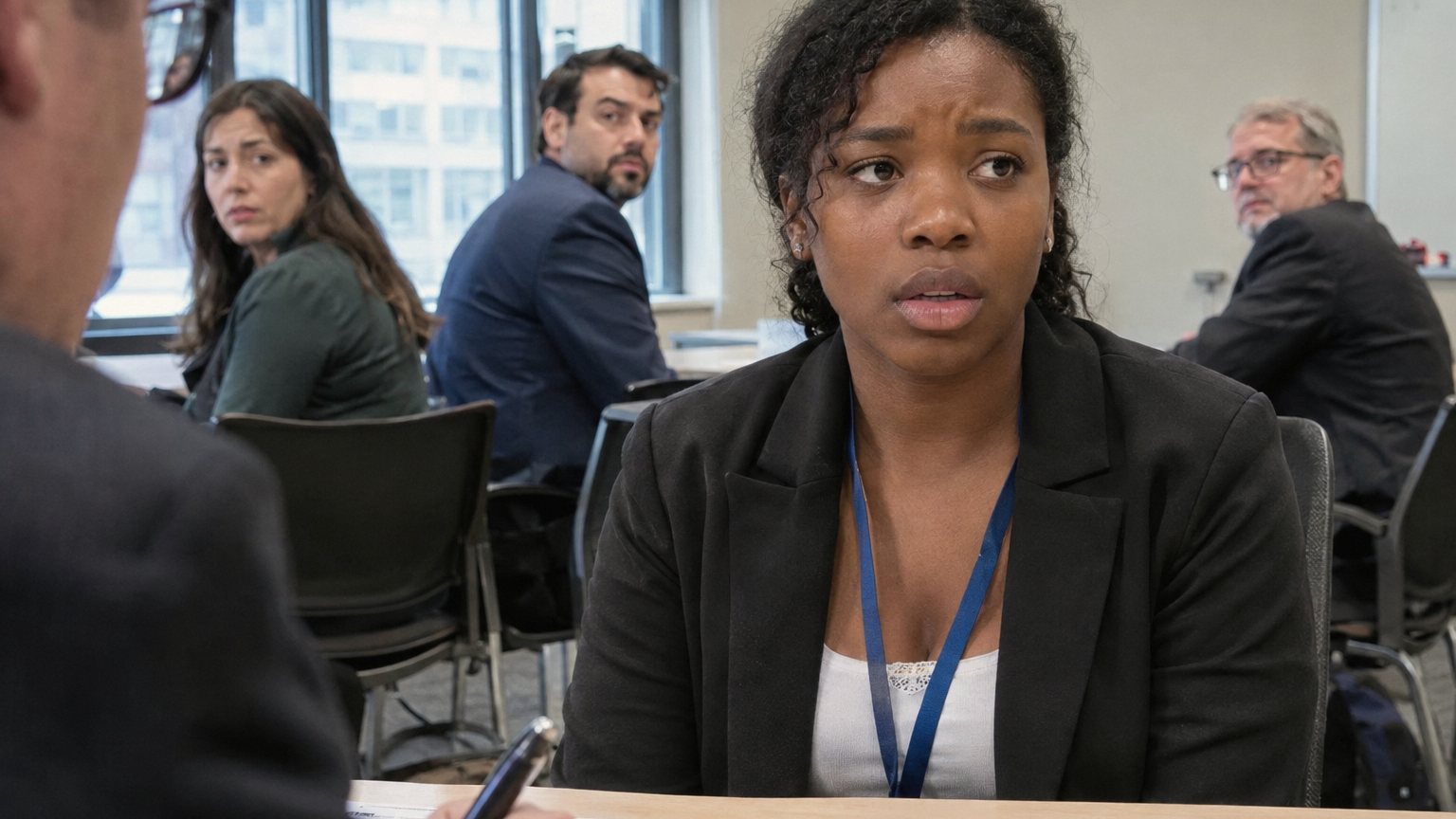 A job candidate freezes during an interview while a blurred interviewer holds a pen over a printed CV