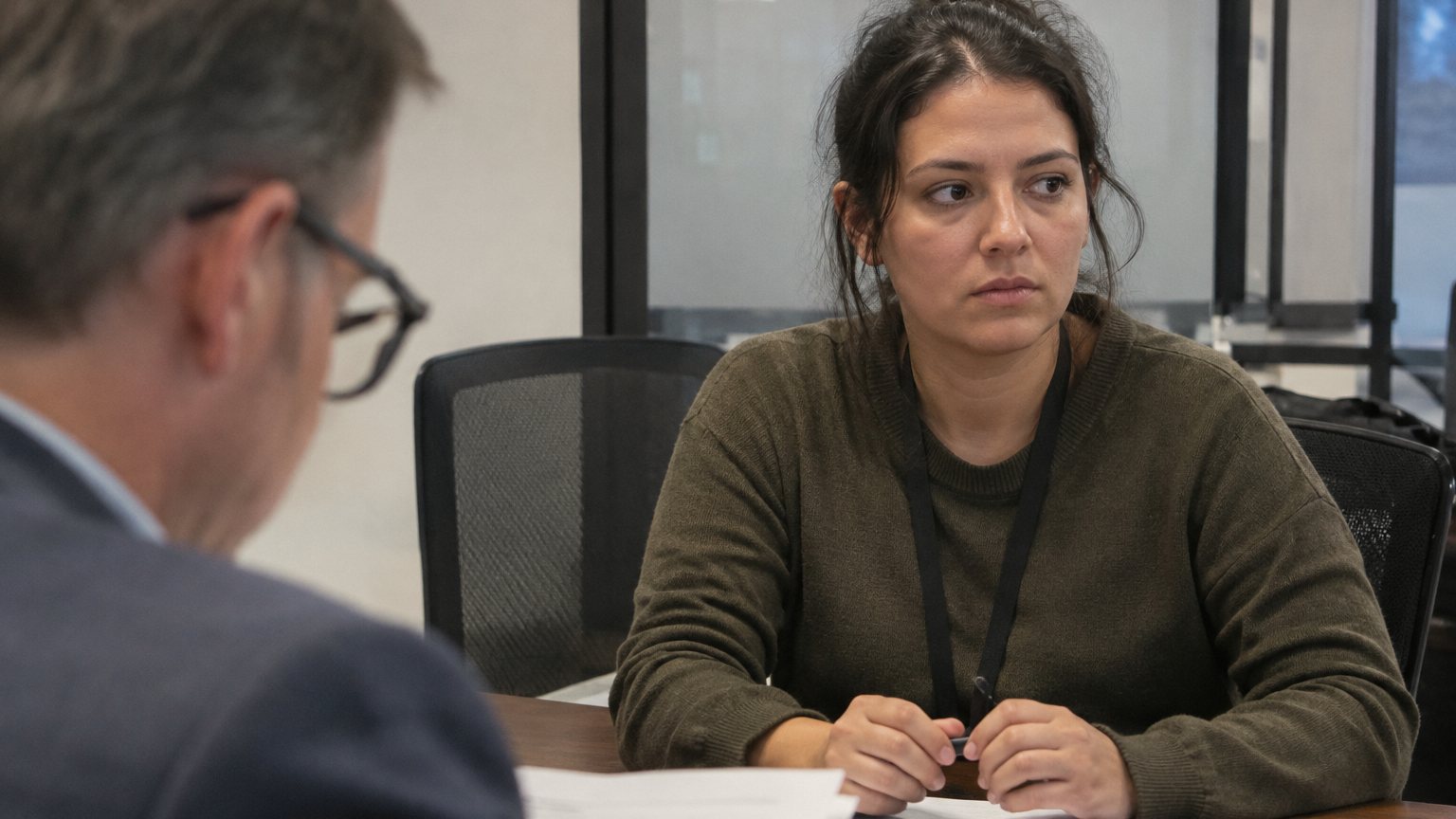 An employee sits at a conference table during a performance review while a manager looks over papers