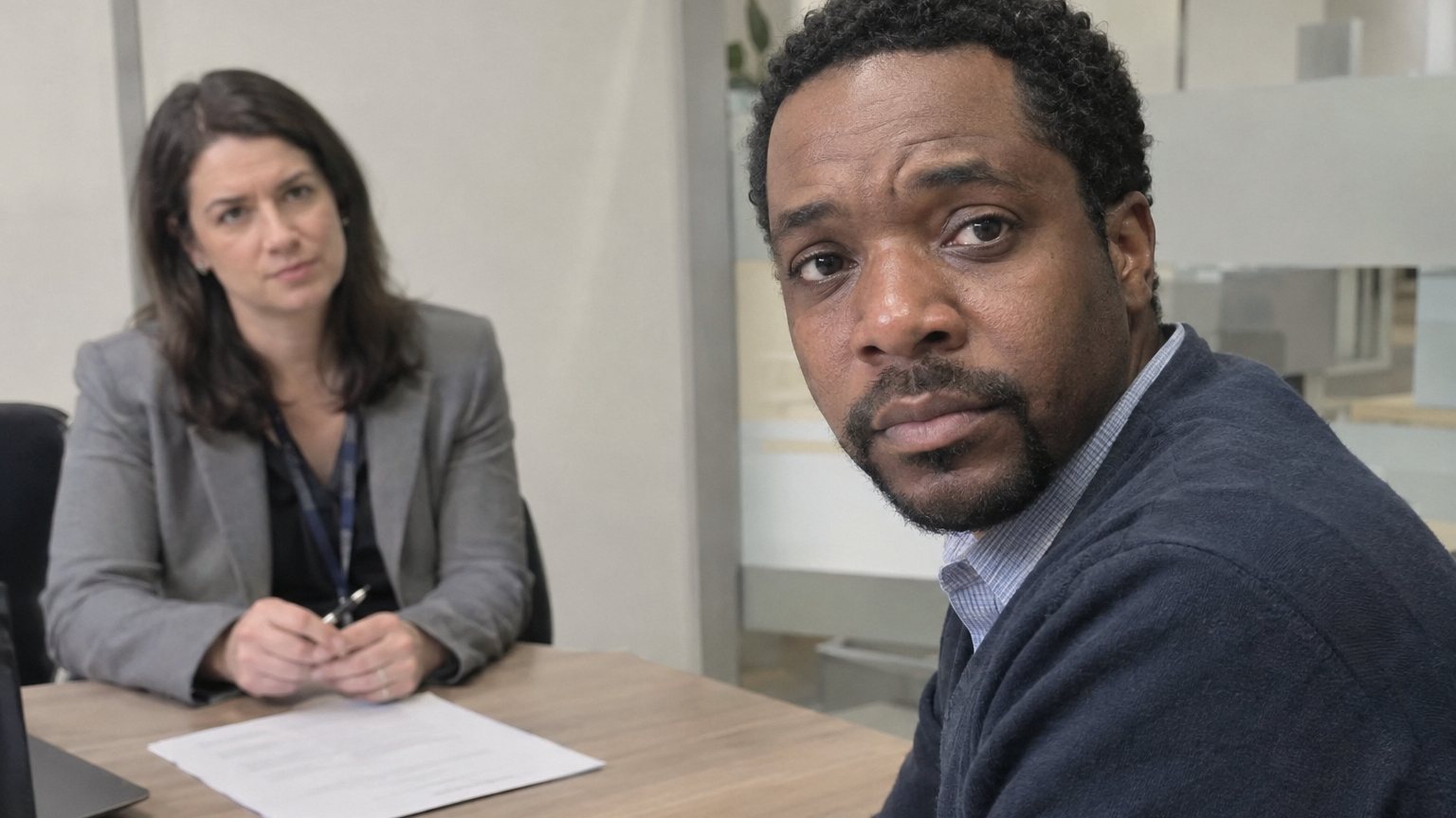 A Black man sits in a performance review while a manager waits with a pen over a compensation review sheet