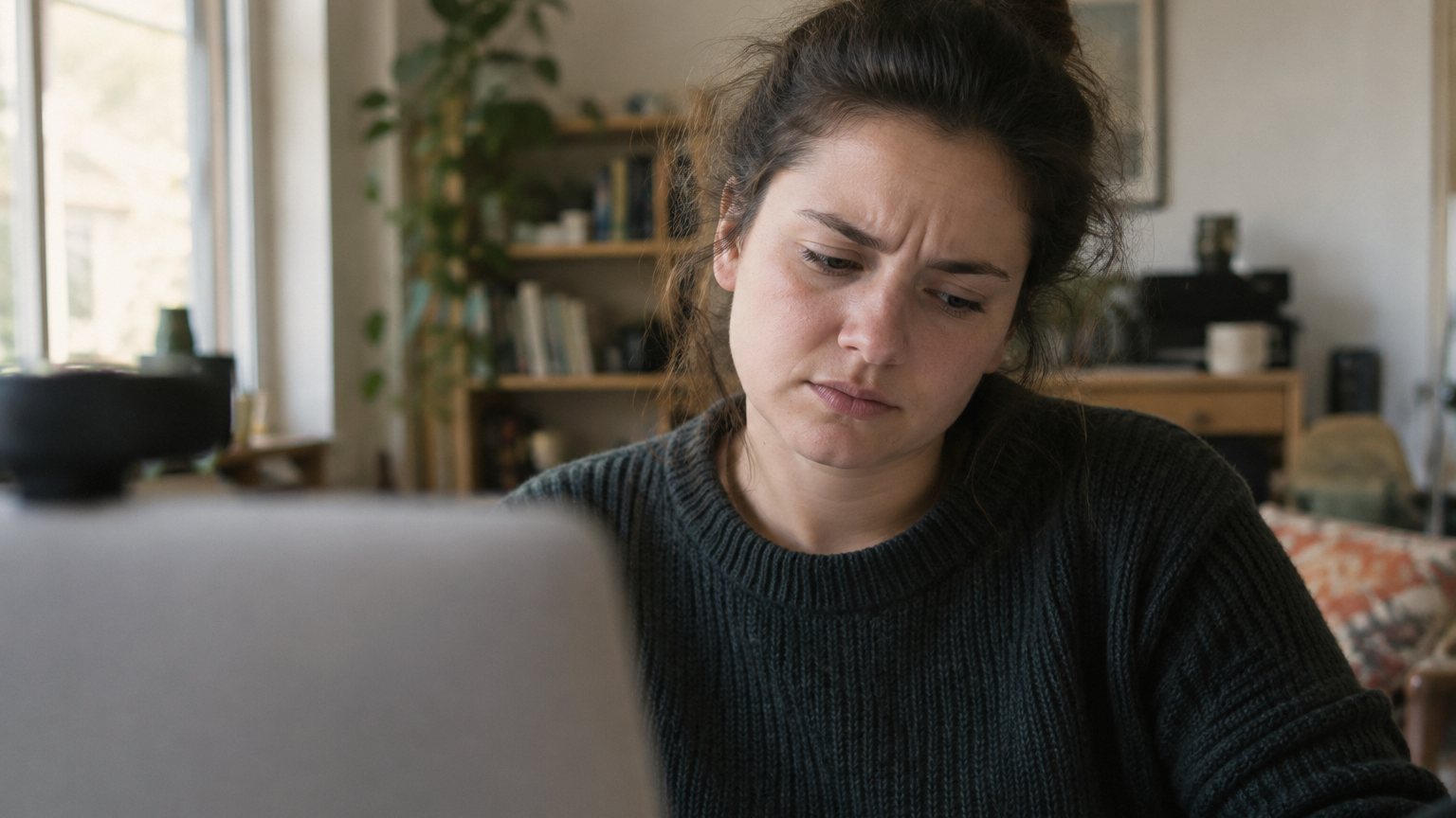 A professional looks down at notes beside an open laptop after struggling to answer a video interview question