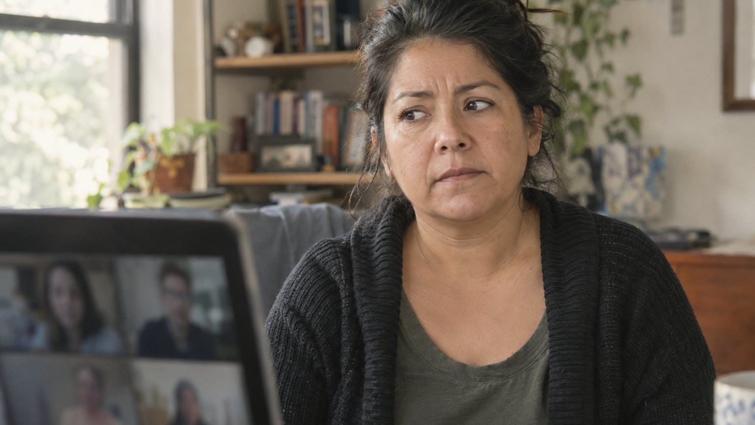 A Latina professional looks away from a laptop during a video interview while blurred interviewer tiles watch from the screen