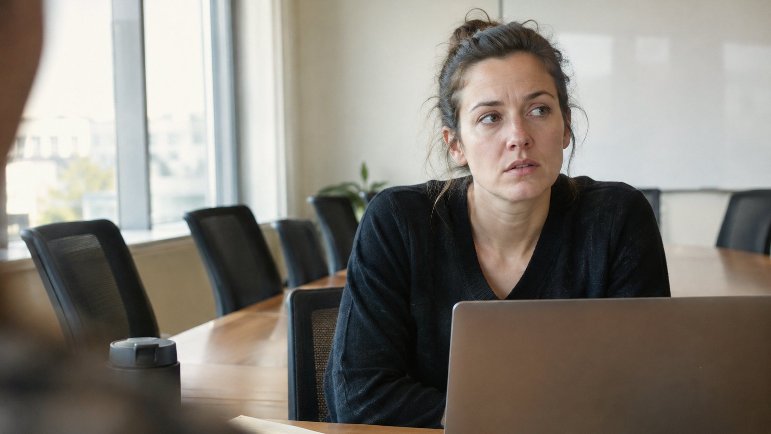 A professional sits alone in a conference room after a presentation, staring at an open laptop with unfocused eyes