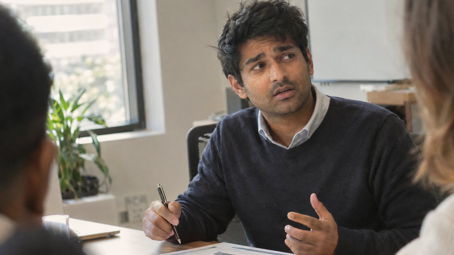 A South Asian man freezes during a client pitch while blurred clients watch from a conference table