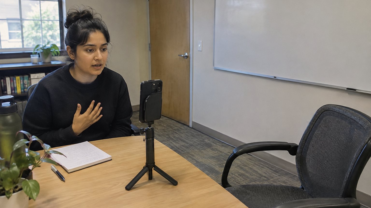 A job seeker records a practice interview answer on a phone in a quiet office with an empty chair facing them
