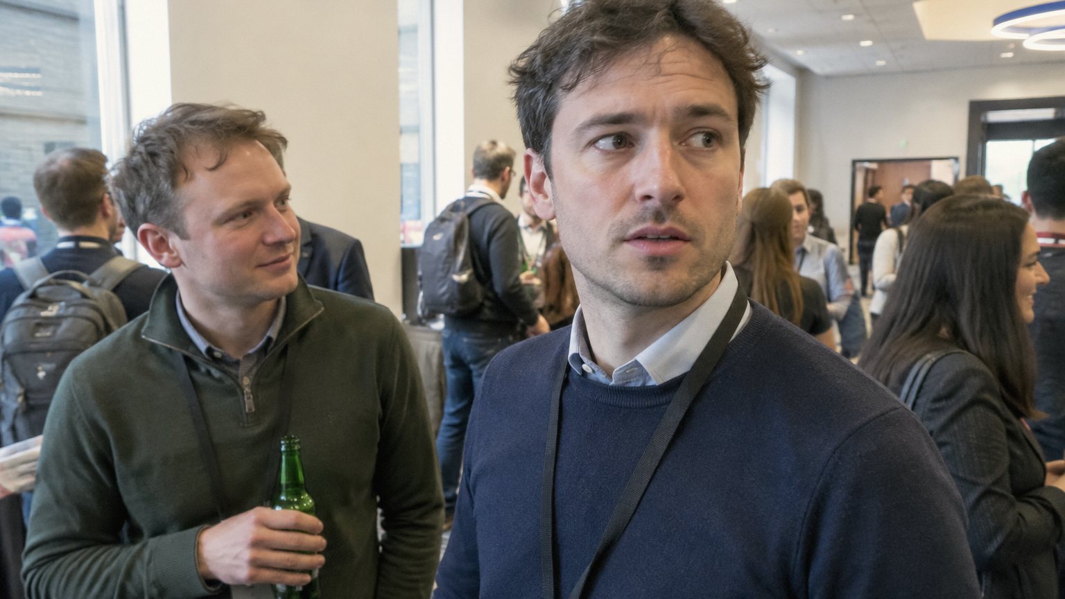 A man at a networking reception looks away for a moment while another attendee waits with a drink in hand